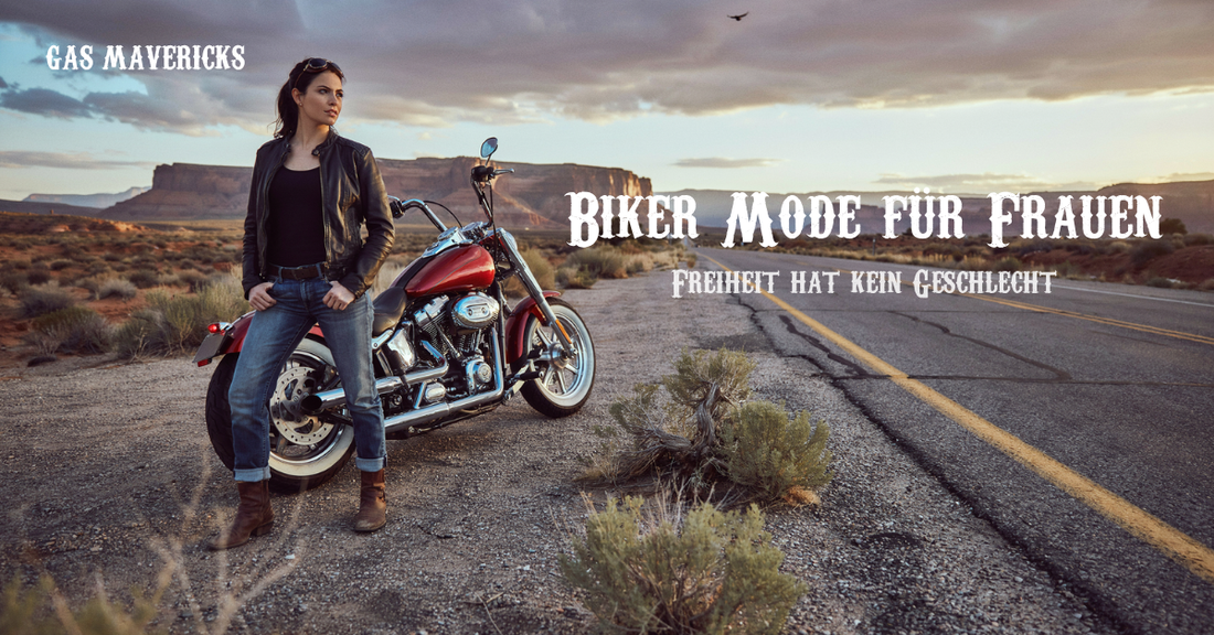 Selbstbewusste Frau in schwarzer Lederjacke lehnt an einer roten Harley Davidson auf einem leeren Highway im amerikanischen Südwesten bei Sonnenuntergang – Gas Mavericks Biker Mode Damen