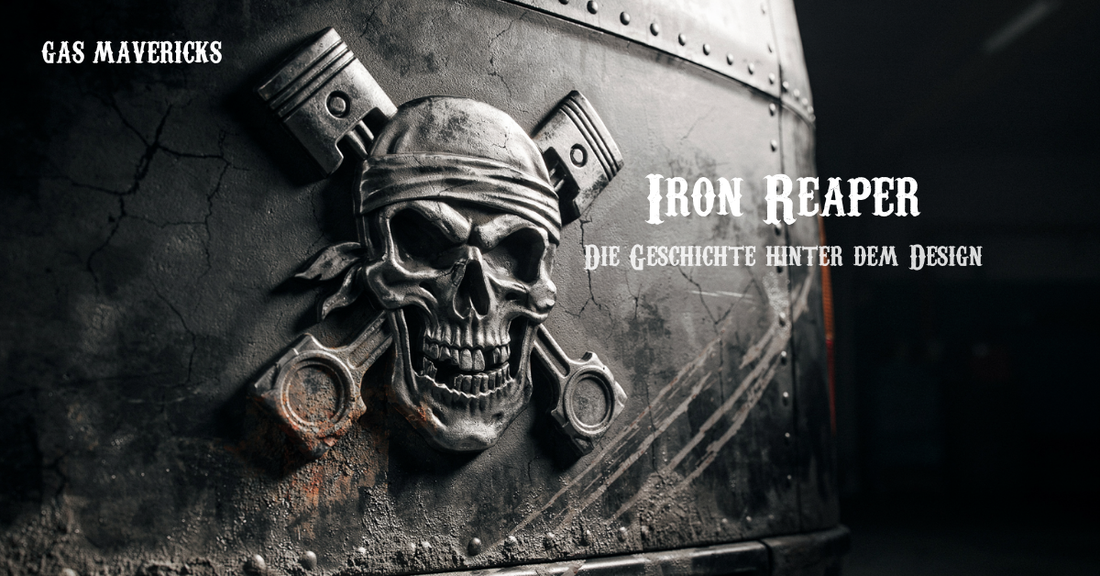 Skull mit gekreuzten Kolben als Relief auf verwittertem Metall mit Nieten und Rostspuren, dramatische Seitenbeleuchtung, düstere Outlaw-Atmosphäre – Gas Mavericks Iron Reaper Design