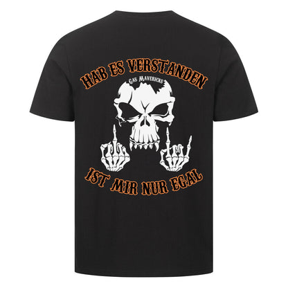 Black men's biker t-shirt with skull, Gas Mavericks logo, "Got it – don't care" text and middle finger gesture