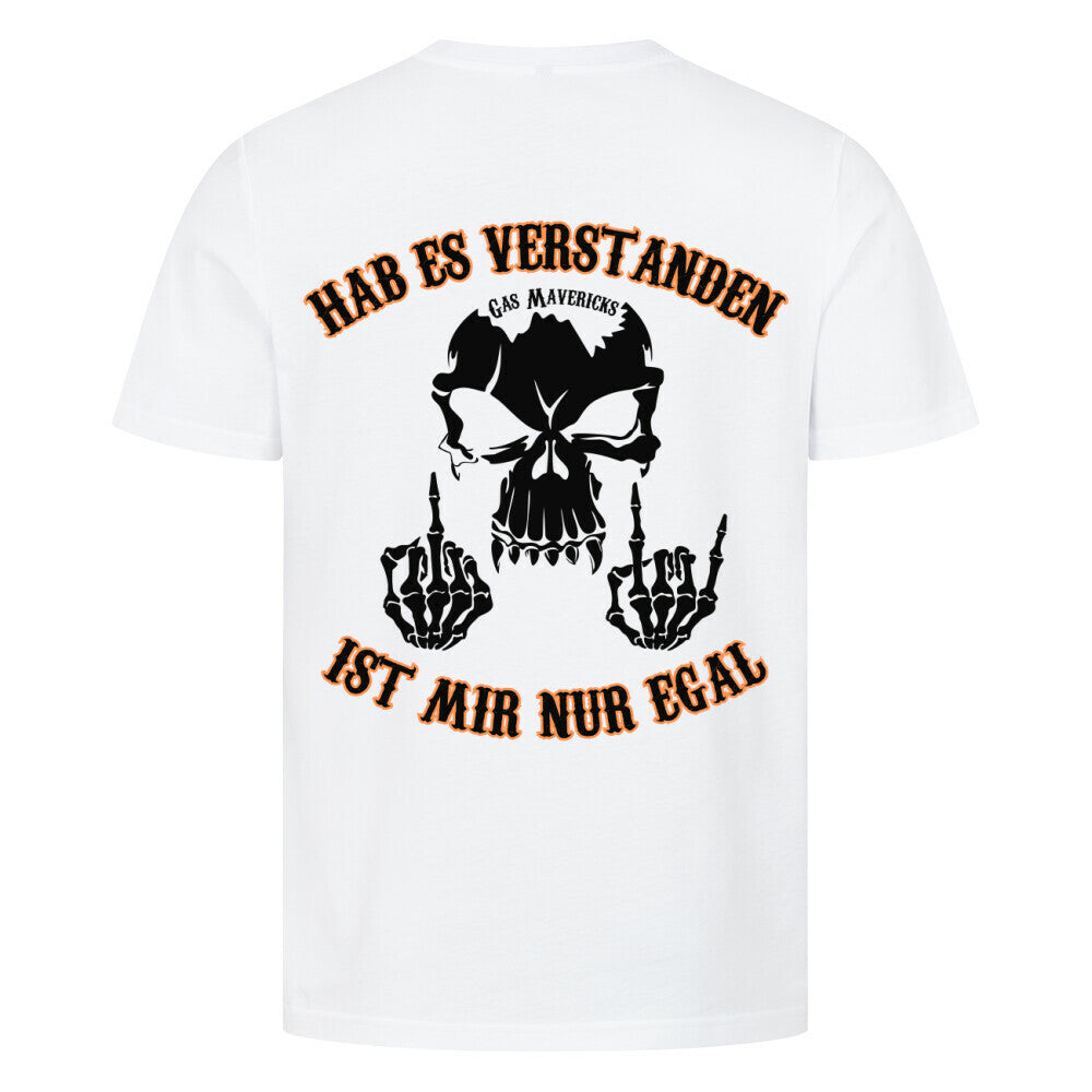 Black men's biker t-shirt with skull, Gas Mavericks logo, "Got it – don't care" text and middle finger gesture