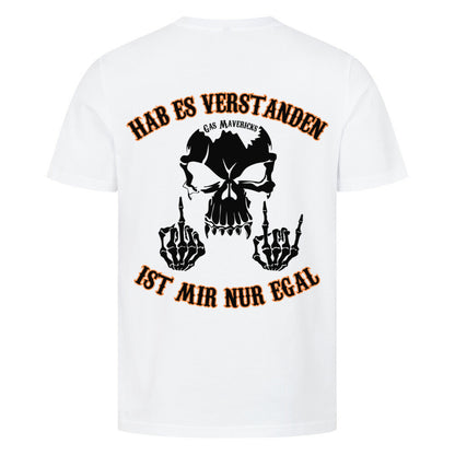 Black men's biker t-shirt with skull, Gas Mavericks logo, "Got it – don't care" text and middle finger gesture