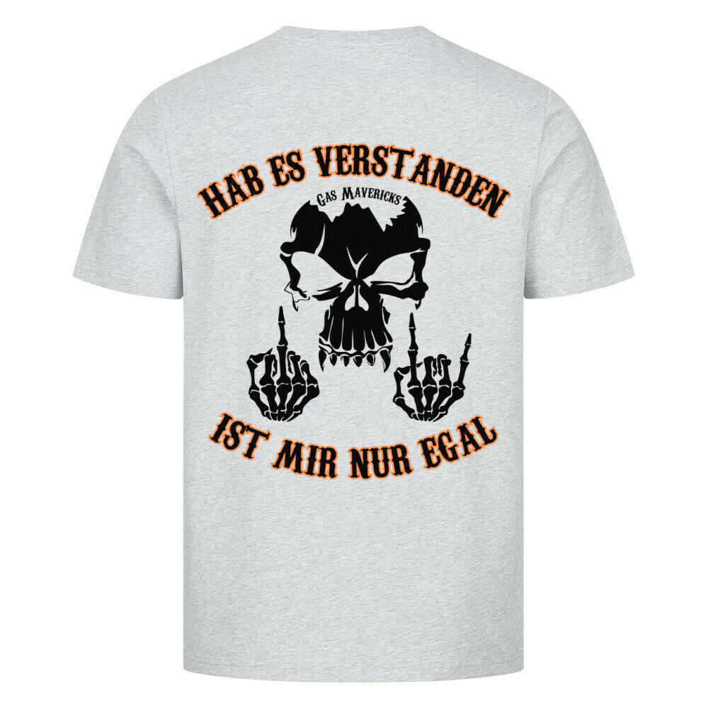 Black men's biker t-shirt with skull, Gas Mavericks logo, "Got it – don't care" text and middle finger gesture
