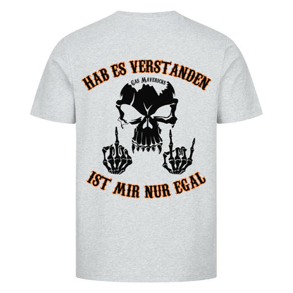 Black men's biker t-shirt with skull, Gas Mavericks logo, "Got it – don't care" text and middle finger gesture