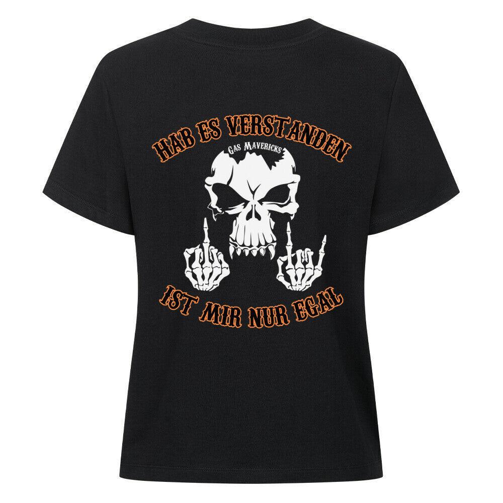 Black women's biker t-shirt with skull, "Got it – don't care" text and middle finger gesture