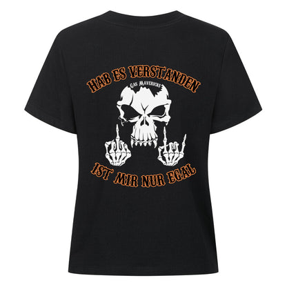 Black women's biker t-shirt with skull, "Got it – don't care" text and middle finger gesture