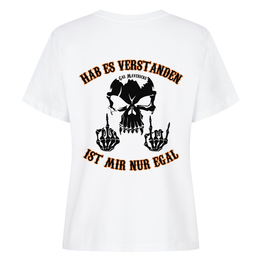 Black women's biker t-shirt with skull, "Got it – don't care" text and middle finger gesture