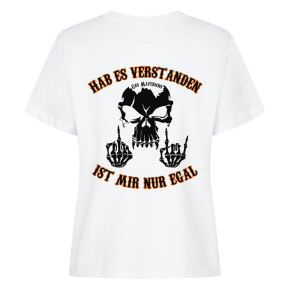 Black women's biker t-shirt with skull, "Got it – don't care" text and middle finger gesture