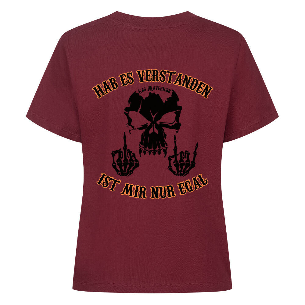 Black women's biker t-shirt with skull, "Got it – don't care" text and middle finger gesture