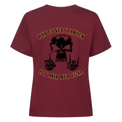 Black women's biker t-shirt with skull, "Got it – don't care" text and middle finger gesture