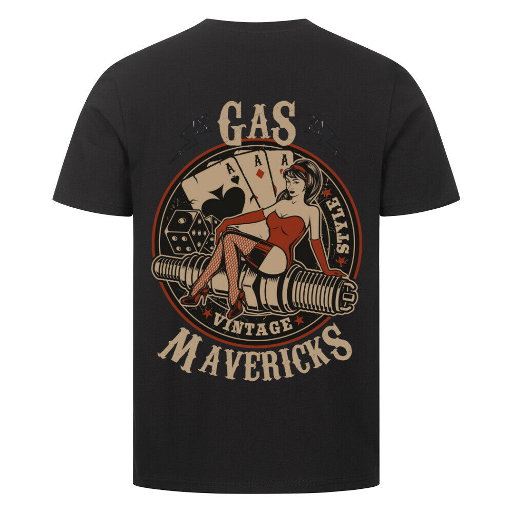 Black men's biker t-shirt in vintage style with pin-up girl, playing cards, dice, and spark plug – Gas Mavericks