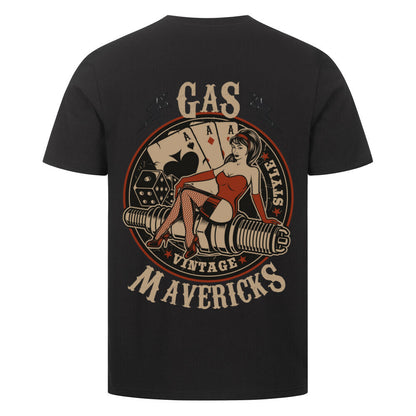 Black men's biker t-shirt in vintage style with pin-up girl, playing cards, dice, and spark plug – Gas Mavericks