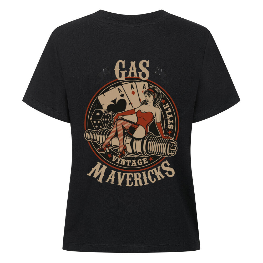 Black women's biker t-shirt in vintage style with pin-up girl, playing cards, dice, and spark plug – Gas Mavericks