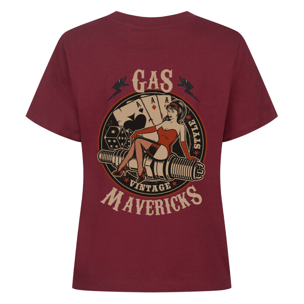 Black women's biker t-shirt in vintage style with pin-up girl, playing cards, dice, and spark plug – Gas Mavericks
