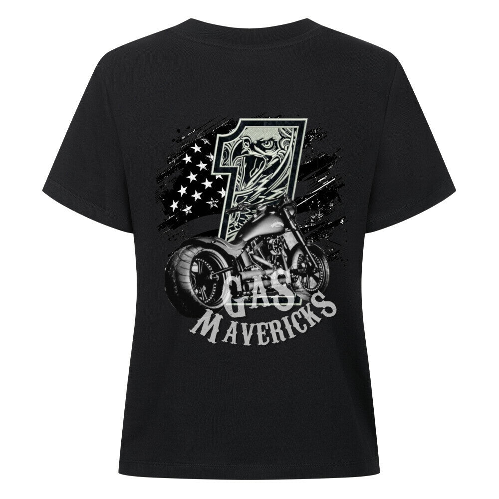 Black women's biker t-shirt with eagle, number one, and motorcycle – Gas Mavericks streetwear