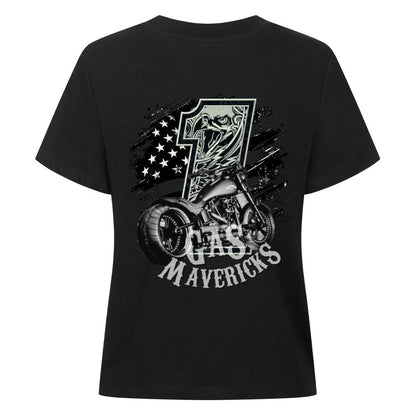 Black women's biker t-shirt with eagle, number one, and motorcycle – Gas Mavericks streetwear