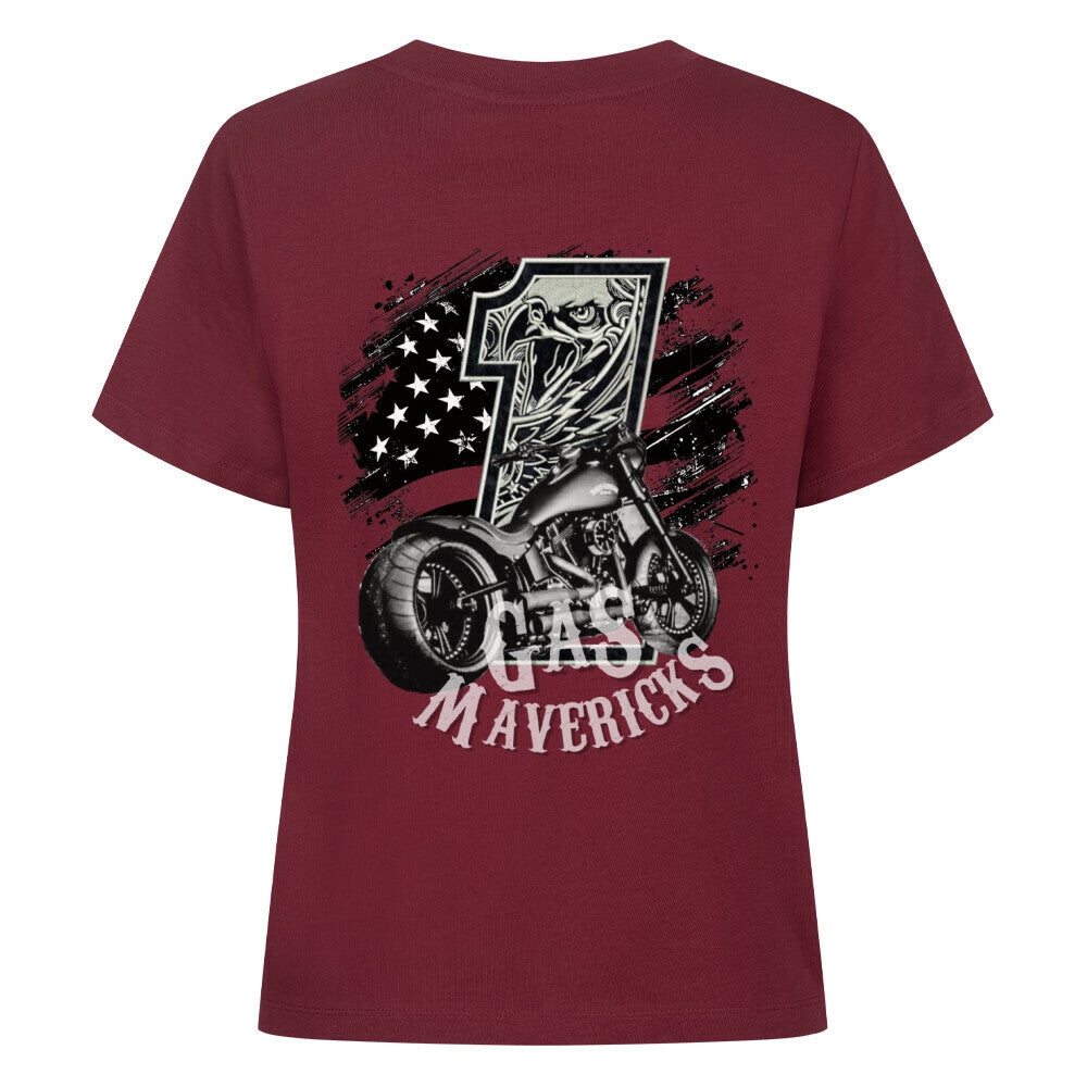 Black women's biker t-shirt with eagle, number one, and motorcycle – Gas Mavericks streetwear