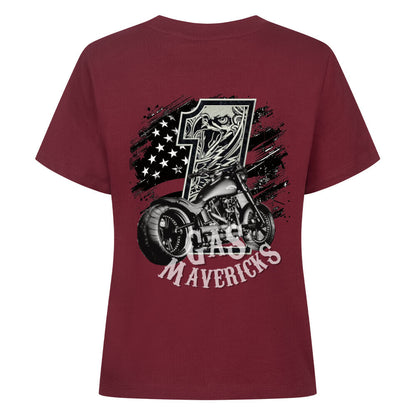 Black women's biker t-shirt with eagle, number one, and motorcycle – Gas Mavericks streetwear