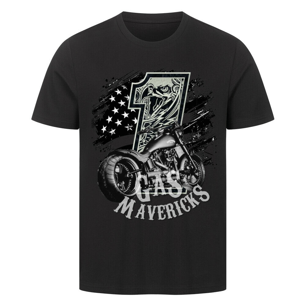 Black biker t-shirt with eagle, number one, and motorcycle – Gas Mavericks men's streetwear