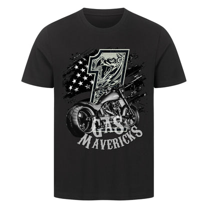 Black biker t-shirt with eagle, number one, and motorcycle – Gas Mavericks men's streetwear