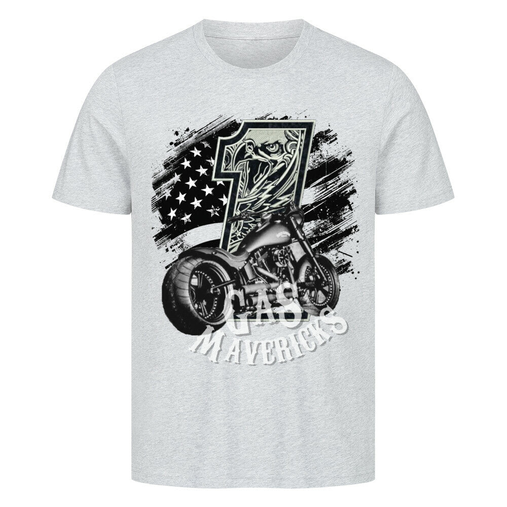Black biker t-shirt with eagle, number one, and motorcycle – Gas Mavericks men's streetwear