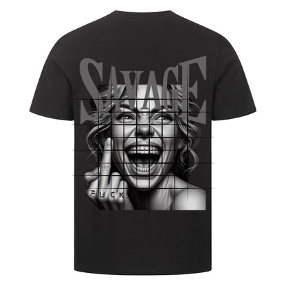 Black biker t-shirt with laughing woman, middle finger, and Savage lettering – Bold streetwear design for men