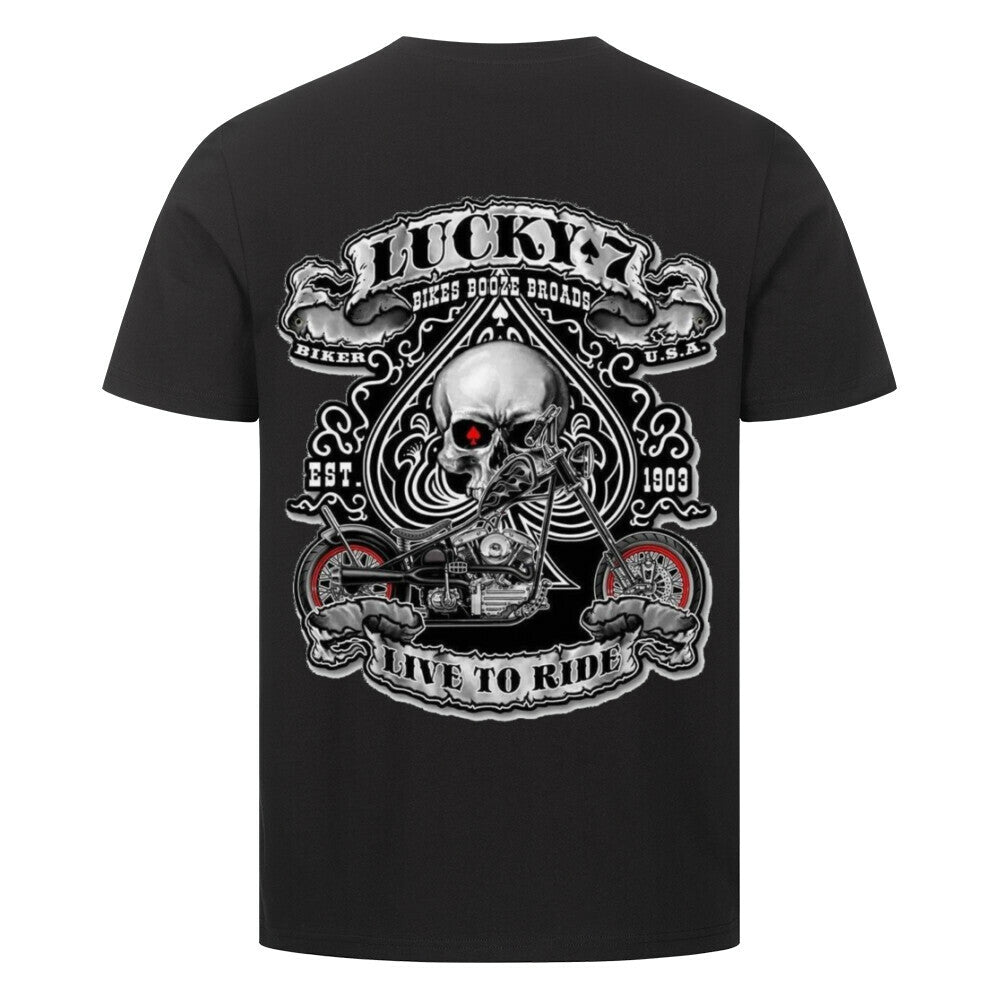 Biker T-Shirt mit Lucky 7 Skull, Chopper Motorrad und Live to Ride Schriftzug für Motorradfahrer, schwarz, Herren