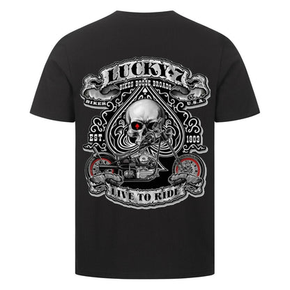 Biker T-Shirt mit Lucky 7 Skull, Chopper Motorrad und Live to Ride Schriftzug für Motorradfahrer, schwarz, Herren