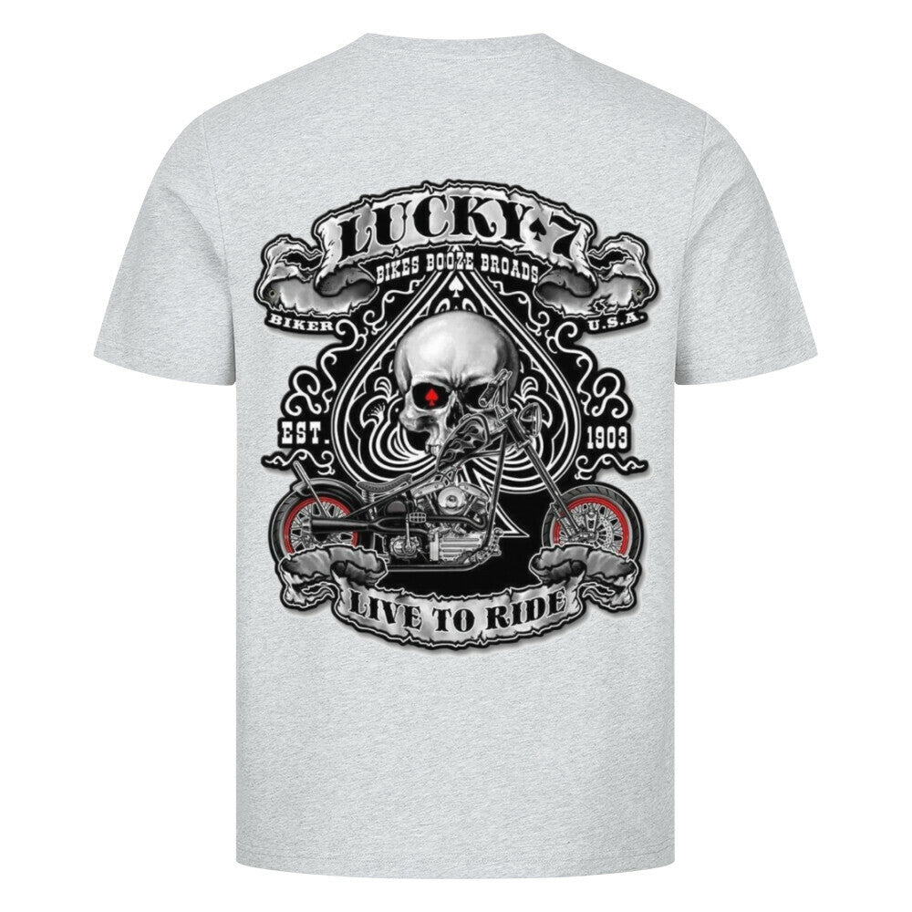 Biker T-Shirt mit Lucky 7 Skull, Chopper Motorrad und Live to Ride Schriftzug für Motorradfahrer, schwarz, Herren