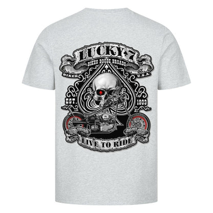 Biker T-Shirt mit Lucky 7 Skull, Chopper Motorrad und Live to Ride Schriftzug für Motorradfahrer, schwarz, Herren