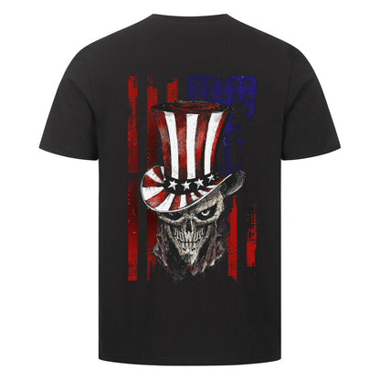 Biker t-shirt featuring Uncle Sam skull design with American flag – Patriotic motorcycle shirt for men