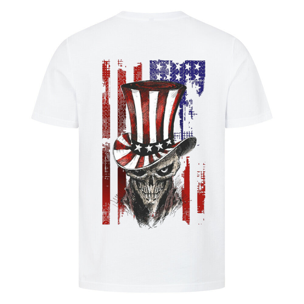 Biker t-shirt featuring Uncle Sam skull design with American flag – Patriotic motorcycle shirt for men