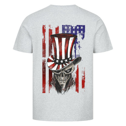 Biker t-shirt featuring Uncle Sam skull design with American flag – Patriotic motorcycle shirt for men