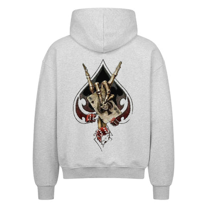 Back view of a heather grey hoodie featuring a bold biker-themed backprint with a skeletal hand throwing the horns, playing cards, dice, and spade symbol – worn by rebellious streetwear fans.
