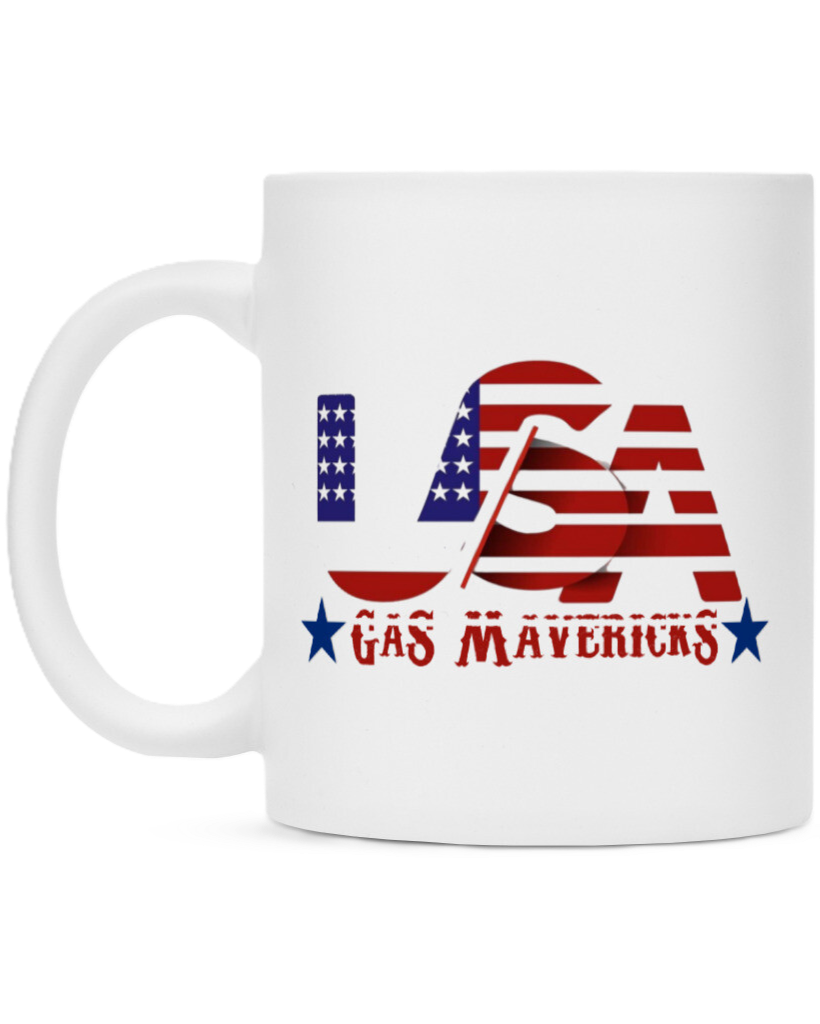 White ceramic mug with a bold "USA" design featuring stars and stripes, and "Gas Mavericks" written below in a red, distressed font with blue stars.
