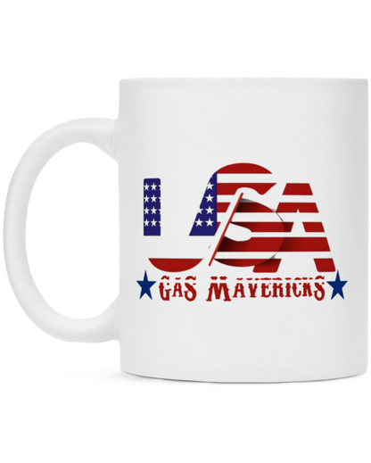 White ceramic mug with a bold "USA" design featuring stars and stripes, and "Gas Mavericks" written below in a red, distressed font with blue stars.
