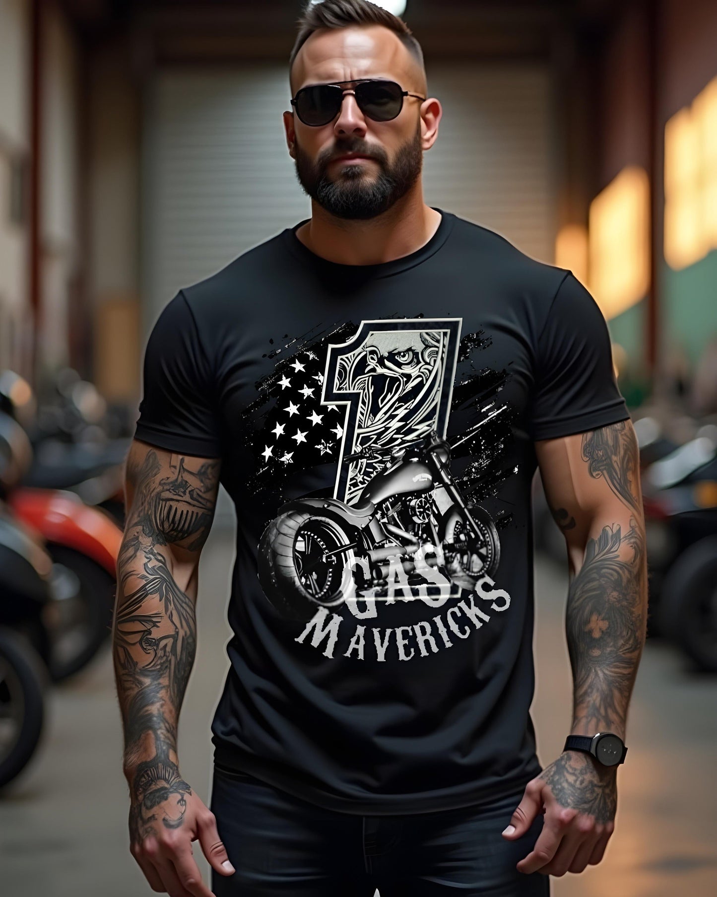 Black biker t-shirt with eagle, number one, and motorcycle – Gas Mavericks men's streetwear