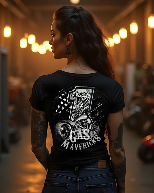 Black women's biker t-shirt with eagle, number one, and motorcycle – Gas Mavericks streetwear