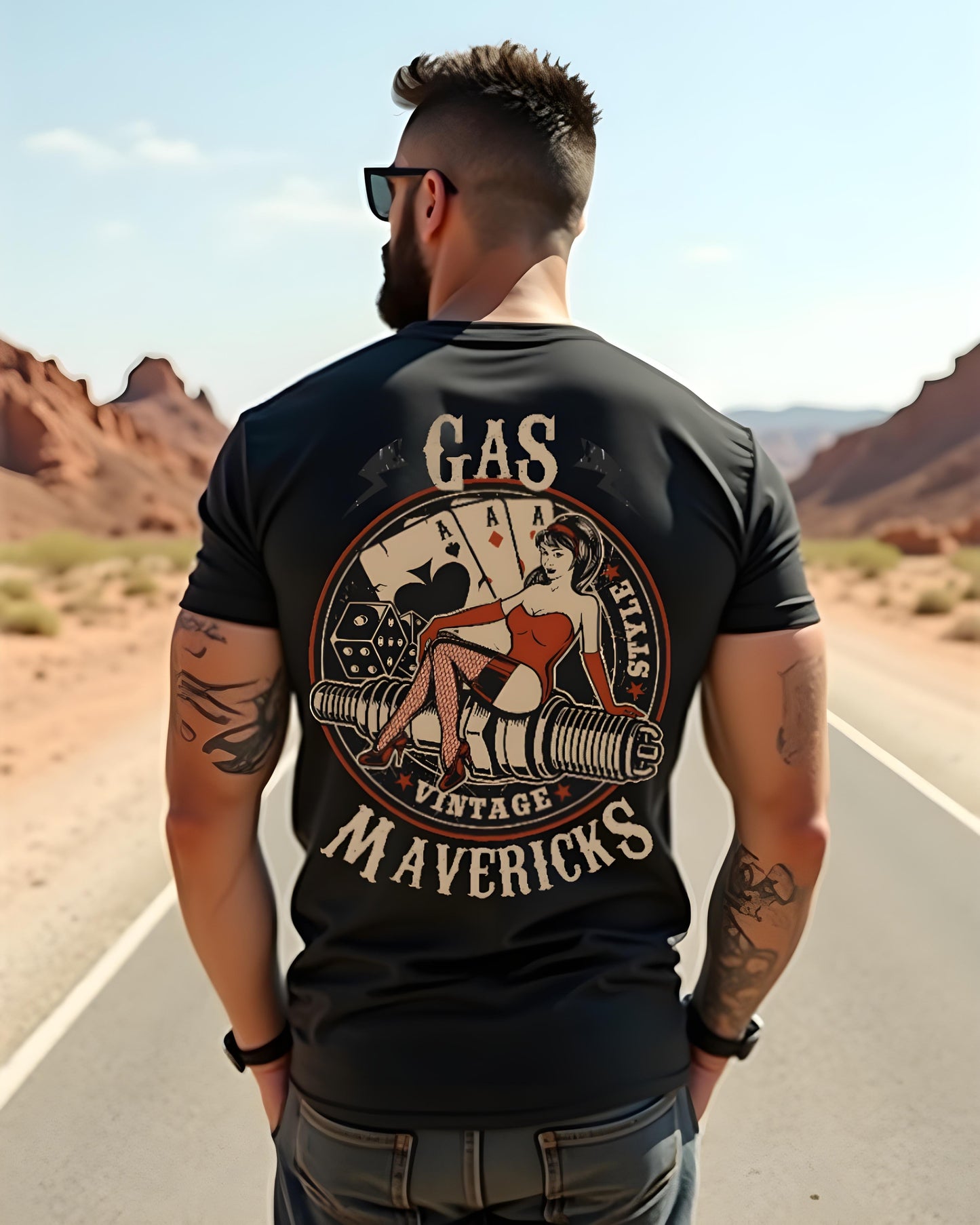 Black men's biker t-shirt in vintage style with pin-up girl, playing cards, dice, and spark plug – Gas Mavericks