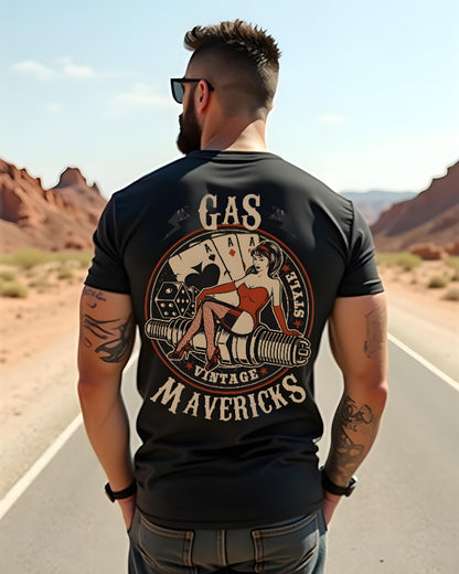 Black men's biker t-shirt in vintage style with pin-up girl, playing cards, dice, and spark plug – Gas Mavericks
