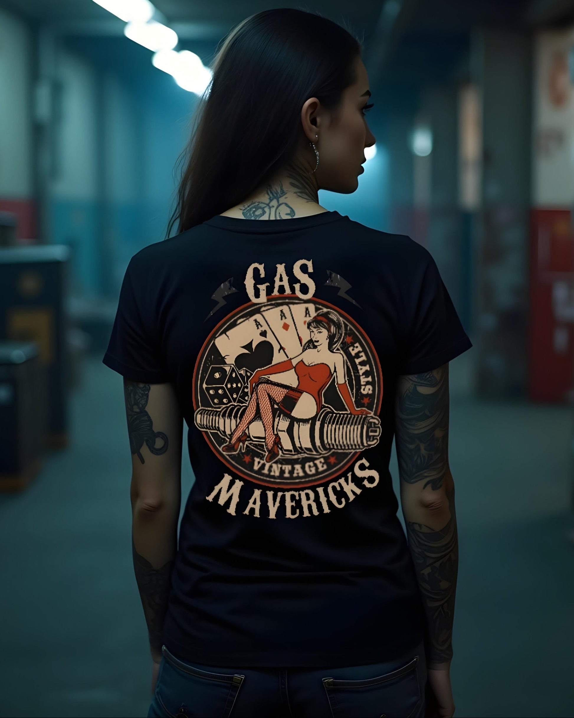 Black women's biker t-shirt in vintage style with pin-up girl, playing cards, dice, and spark plug – Gas Mavericks