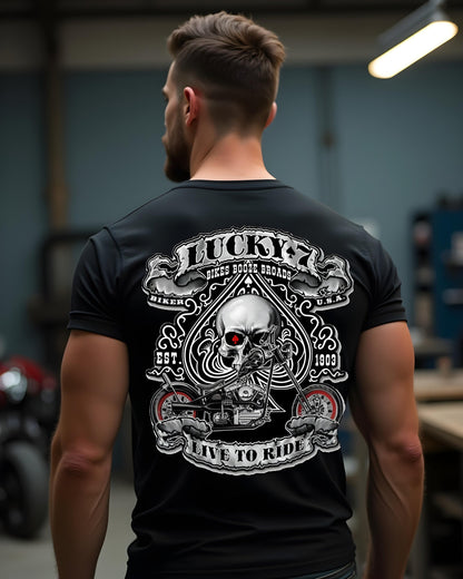 Biker T-Shirt mit Lucky 7 Skull, Chopper Motorrad und Live to Ride Schriftzug für Motorradfahrer, schwarz, Herren