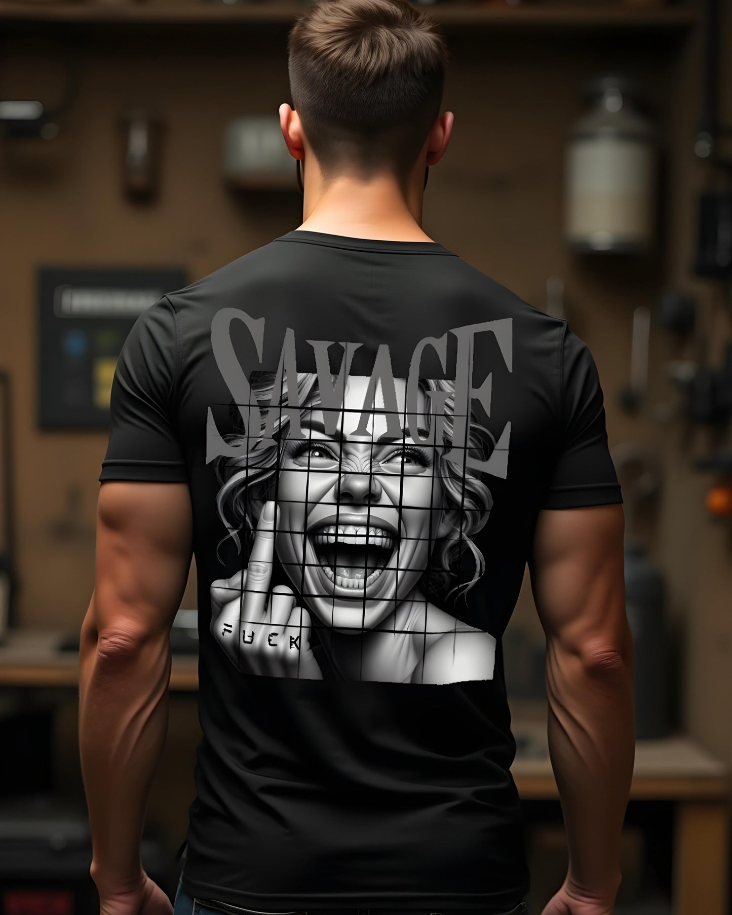 Black biker t-shirt with laughing woman, middle finger, and Savage lettering – Bold streetwear design for men