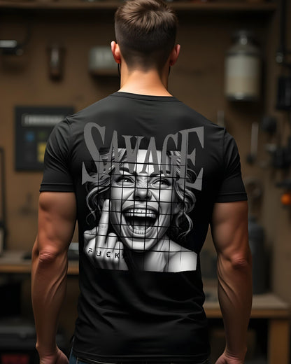 Black biker t-shirt with laughing woman, middle finger, and Savage lettering – Bold streetwear design for men