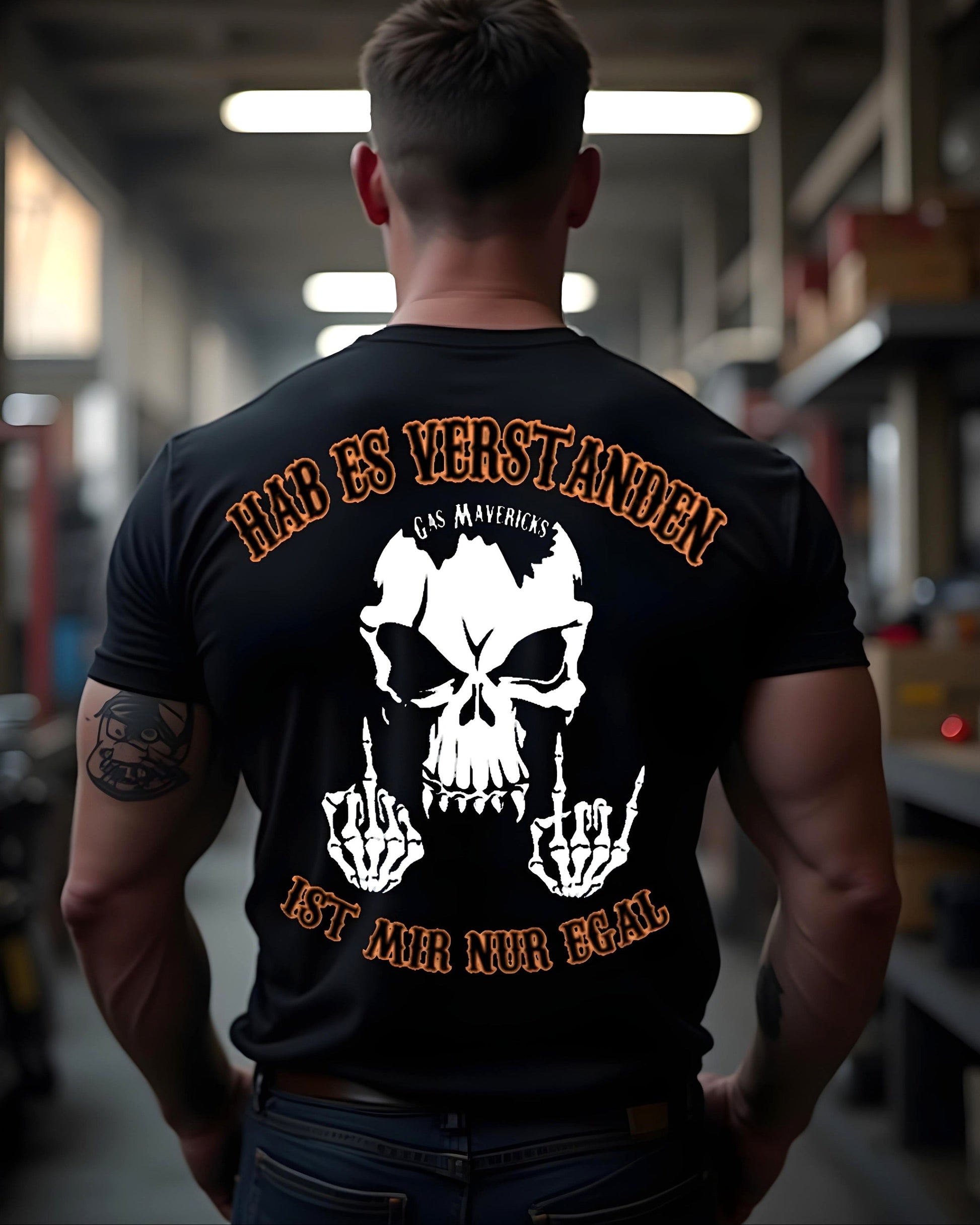 Black men's biker t-shirt with skull, Gas Mavericks logo, "Got it – don't care" text and middle finger gesture