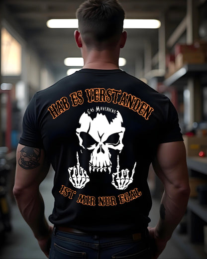Black men's biker t-shirt with skull, Gas Mavericks logo, "Got it – don't care" text and middle finger gesture