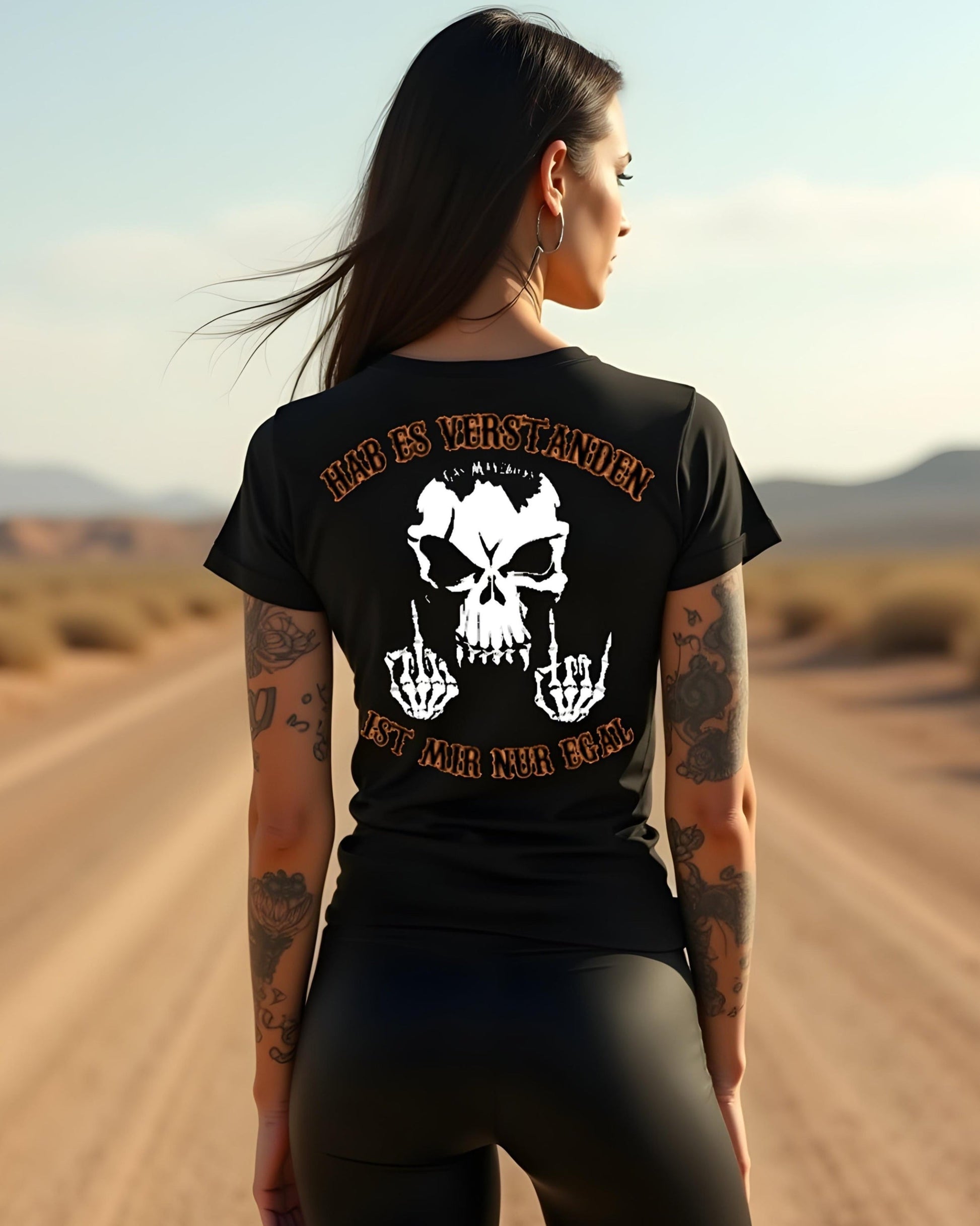 Black women's biker t-shirt with skull, "Got it – don't care" text and middle finger gesture