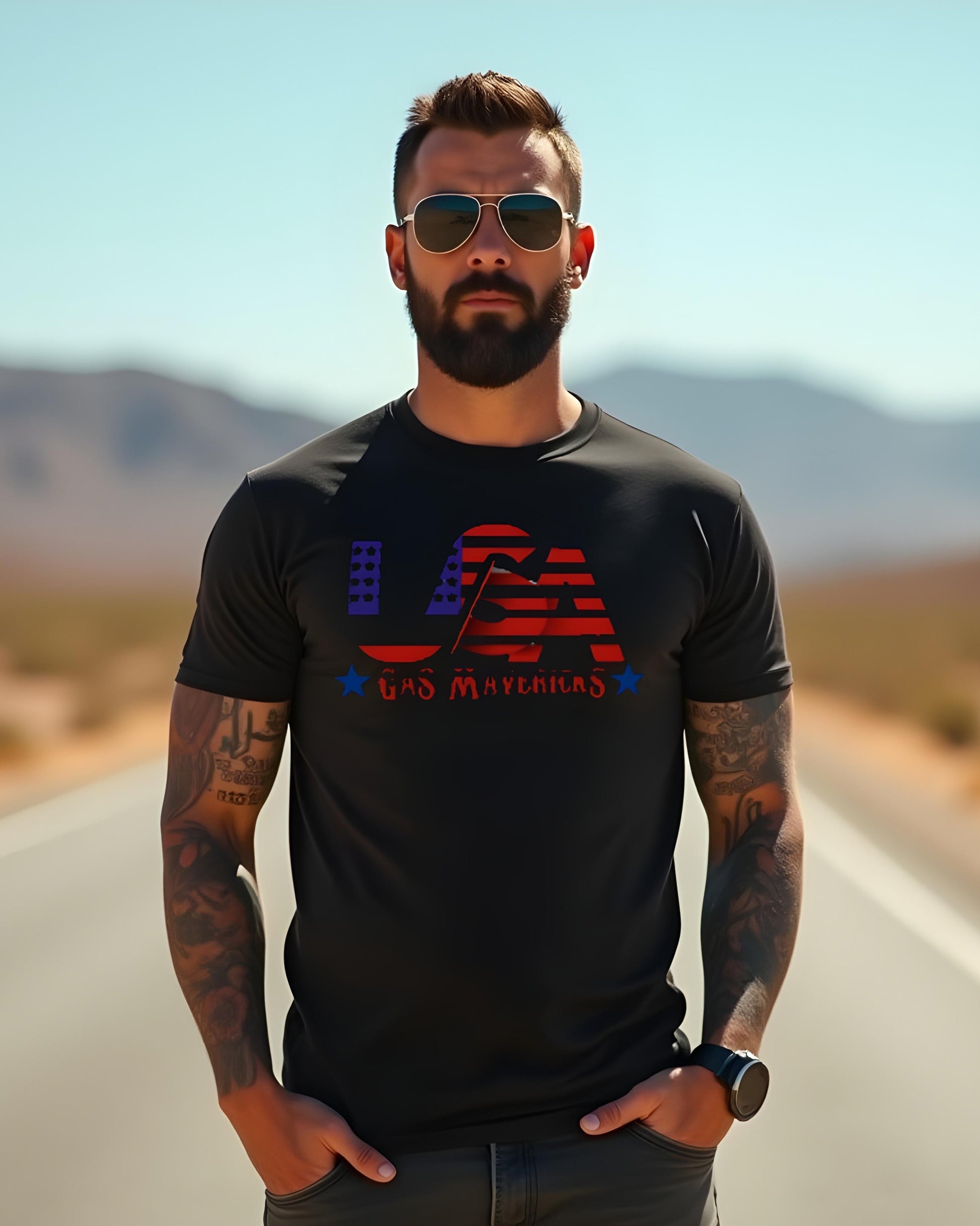Black biker t-shirt with USA lettering and Gas Mavericks design – Patriotic men's motorcycle shirt
