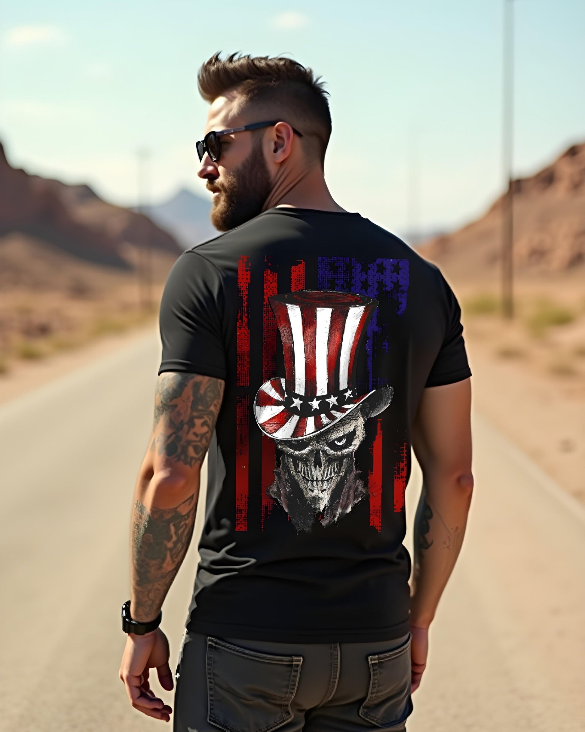 Biker t-shirt featuring Uncle Sam skull design with American flag – Patriotic motorcycle shirt for men