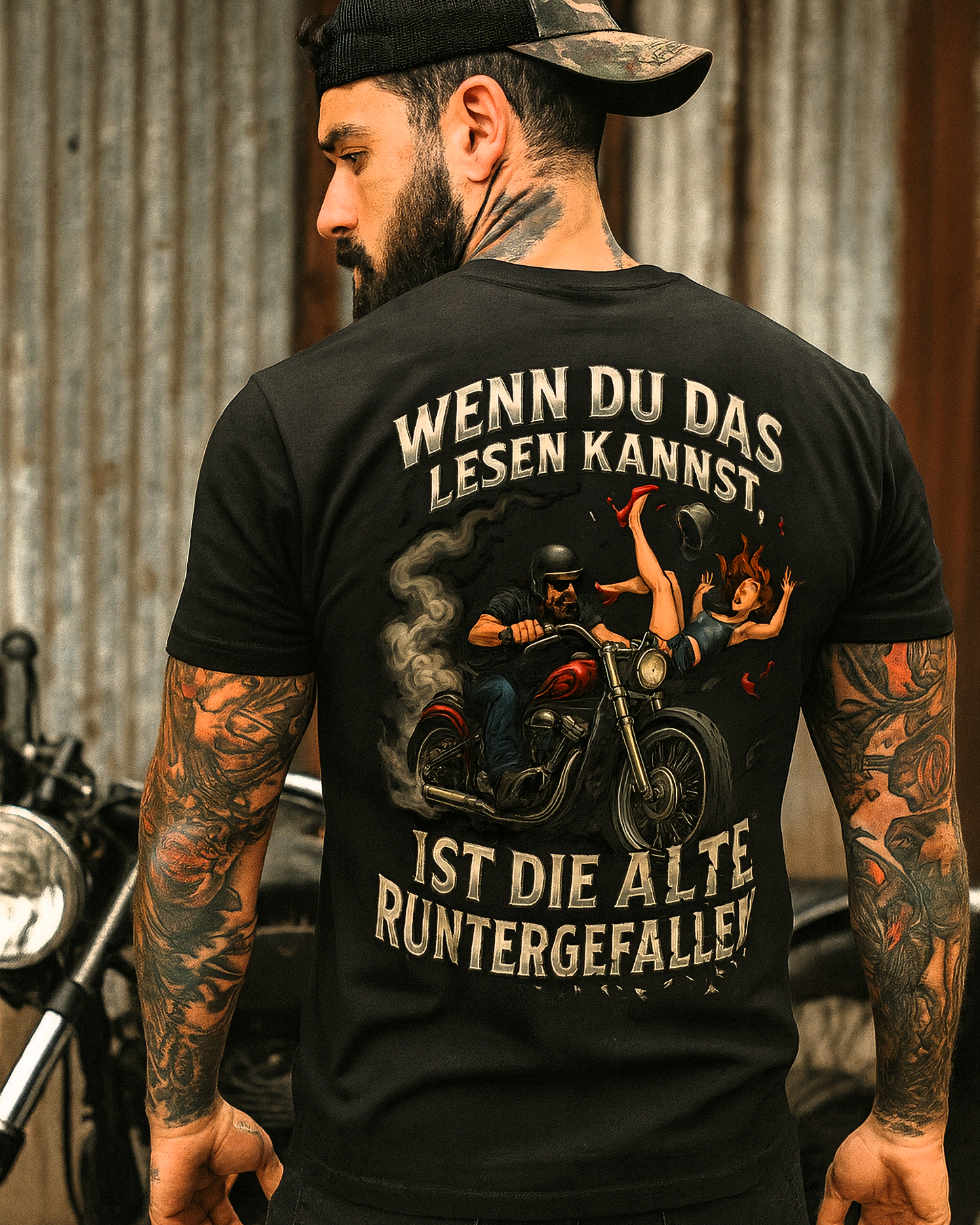 Biker-Shirt mit humorvollem Rückenprint „Wenn du das lesen kannst, ist die Alte runtergefallen“ – Gas Mavericks GM-7.13