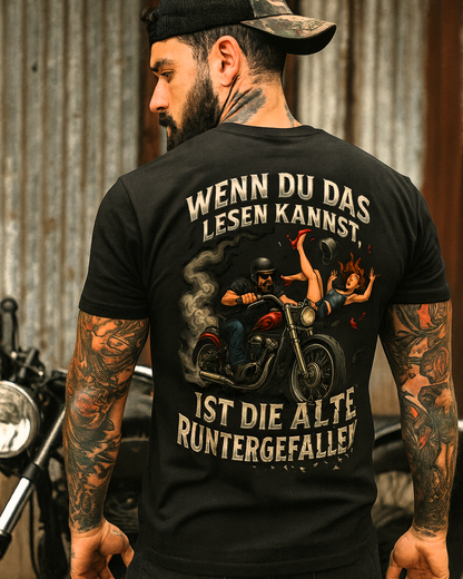 Biker-Shirt mit humorvollem Rückenprint „Wenn du das lesen kannst, ist die Alte runtergefallen“ – Gas Mavericks GM-7.13